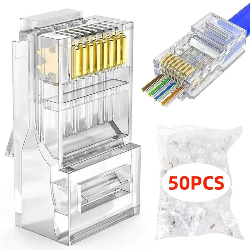 100 peças conector rj45 cat6 passagem através dos conectores cristal final banhado a ouro 8p8c crimpagem utp padrão rede ethernet plugue modular