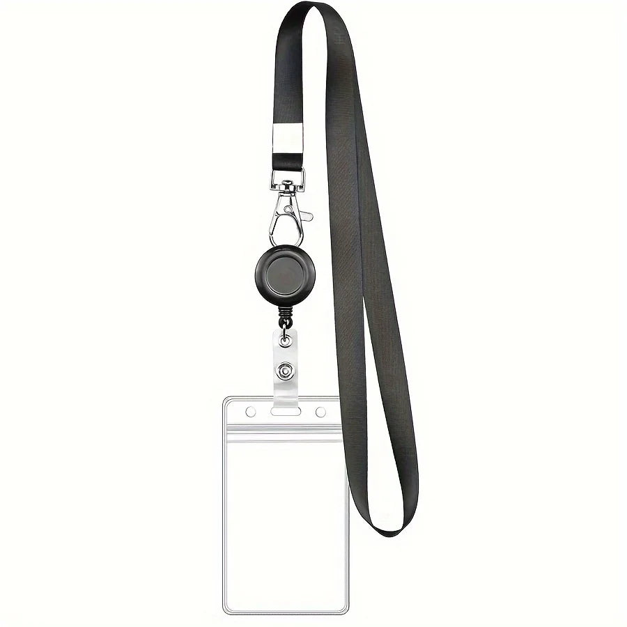 Conjunto de carretel de crachá retrátil preto com fecho lagosta e suporte de cartão de PVC à prova d'água, cordão durável, para identificação de trabalho e etiquetas de nome