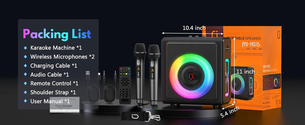 Máquina de karaokê portátil, alto-falante Bluetooth com microfones, sistema PA com 2 microfones de karaokê, luzes de discoteca para festas em casa