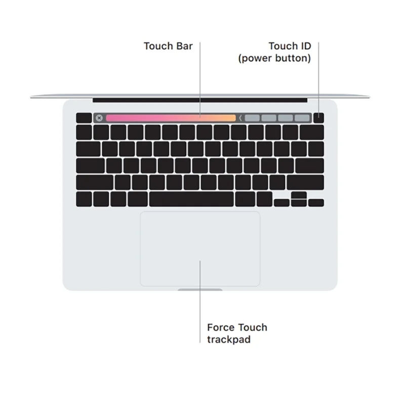 2022 MacBook Pro M2 chip 13 polegadas Touch Bar, Touch ID CPU de 8 núcleos e GPU de 10 núcleos 256G/512G/1TB 8G/16G/24G RAM.