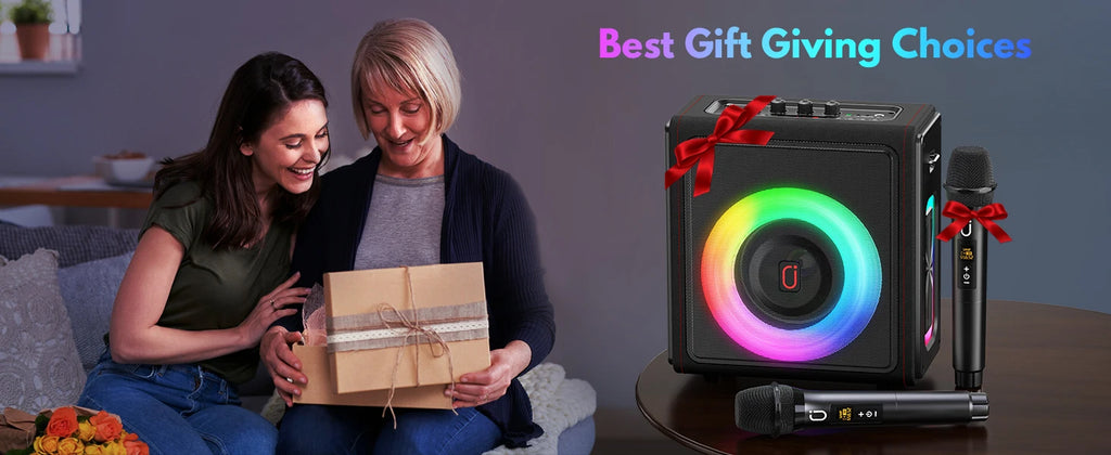 Máquina de karaokê portátil, alto-falante Bluetooth com microfones, sistema PA com 2 microfones de karaokê, luzes de discoteca para festas em casa