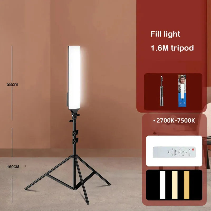 Dimmable rectangular LED continuous photography light on a black 1.6M tripod stand with remote.