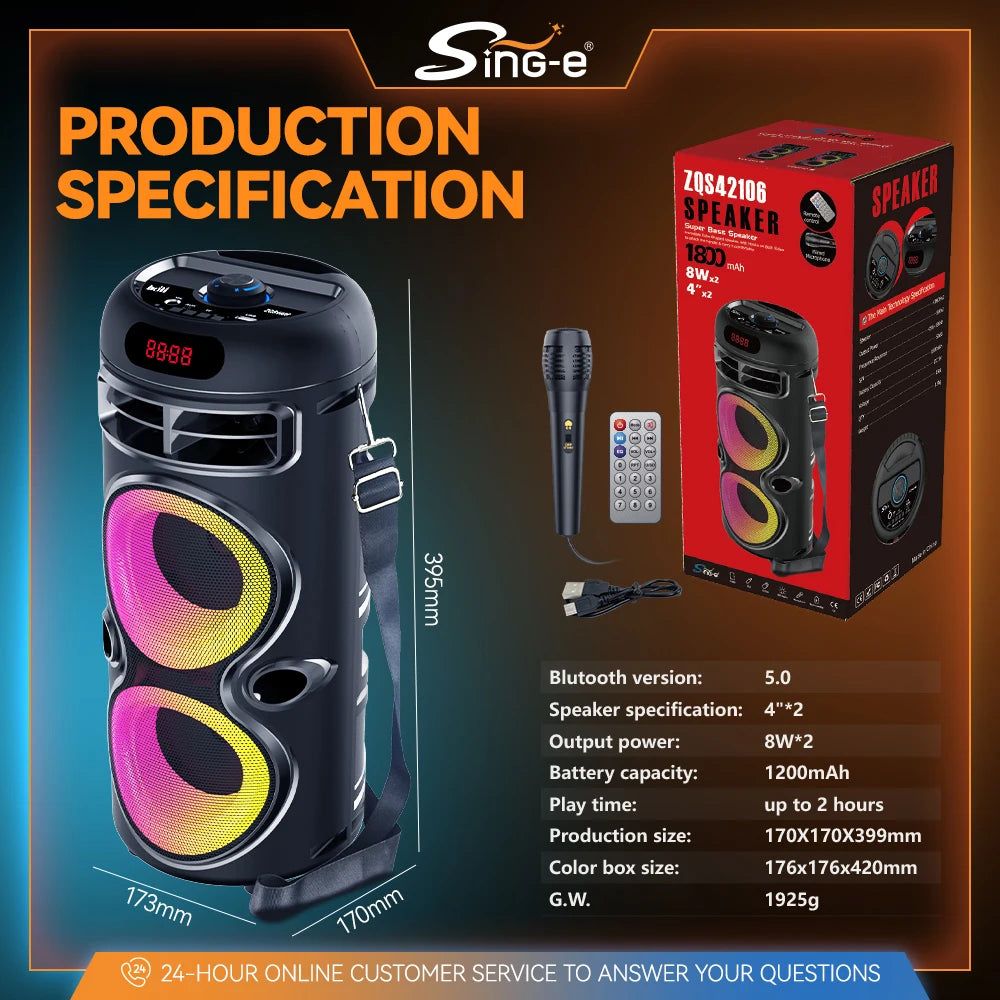 Zqs42106 portátil duplo alto-falante bluetooth de 4 polegadas carregamento sem fio de longo alcance bt/usb/tf/aux/microfone/fm/matrômokê colorido ao ar livre