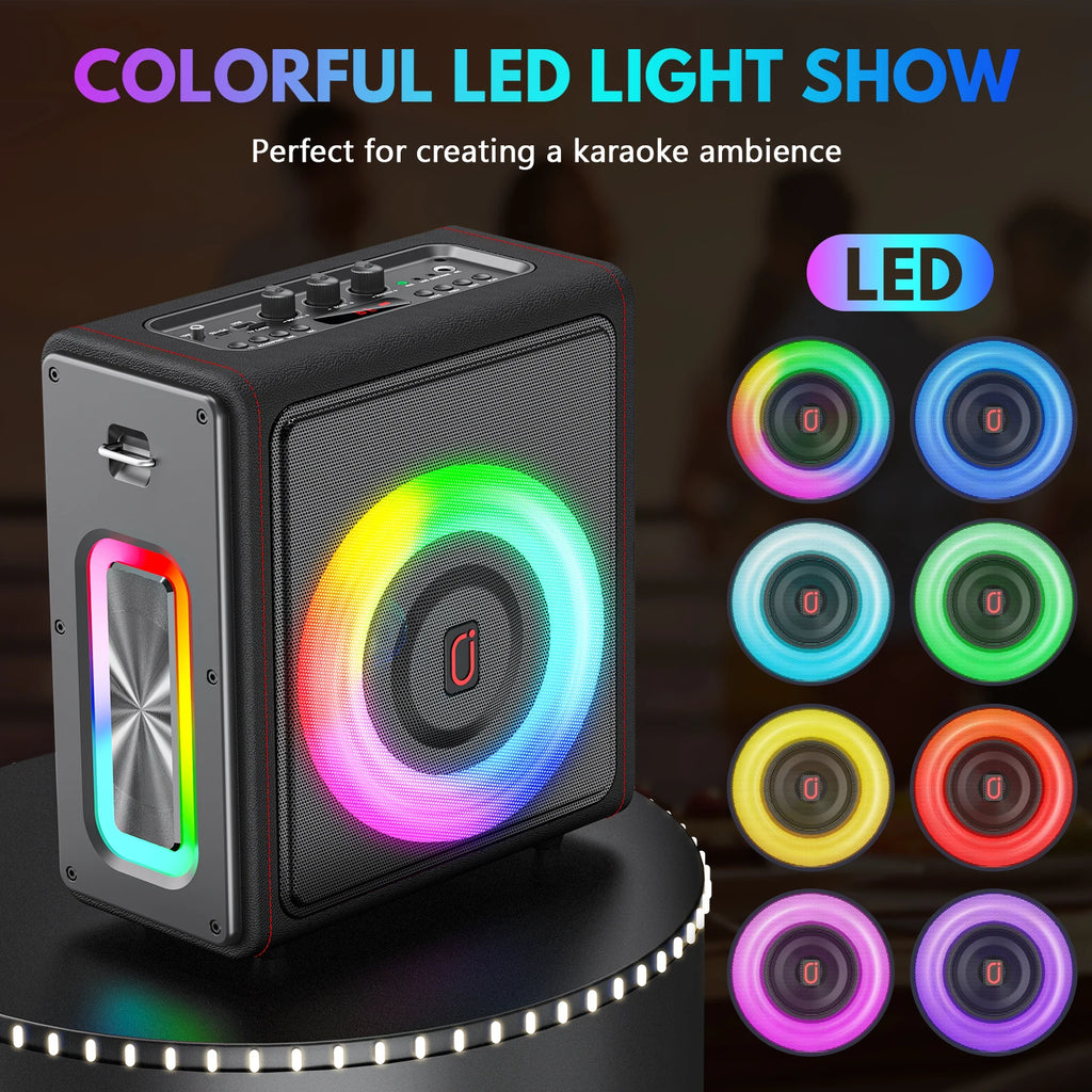 Máquina de karaokê portátil, alto-falante Bluetooth com microfones, sistema PA com 2 microfones de karaokê, luzes de discoteca para festas em casa