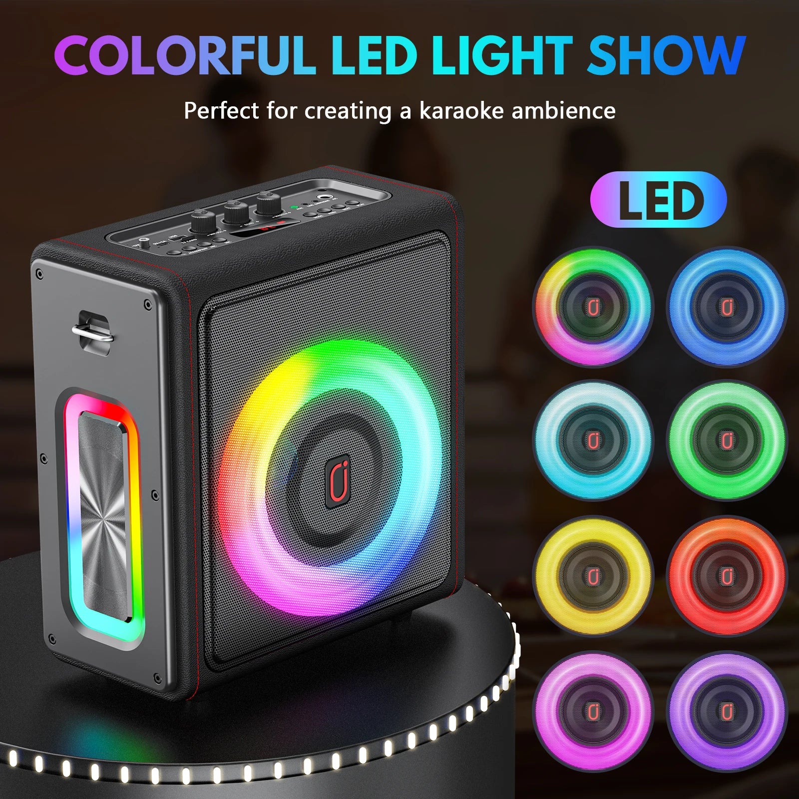 Máquina de karaokê portátil, alto-falante Bluetooth com microfones, sistema PA com 2 microfones de karaokê, luzes de discoteca para festas em casa