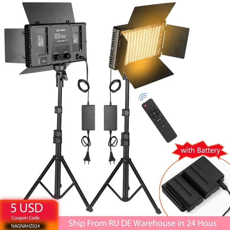 Two black Nagnahz U800+ bi-color LED video lights on tripods, one illuminated, with remote and battery.