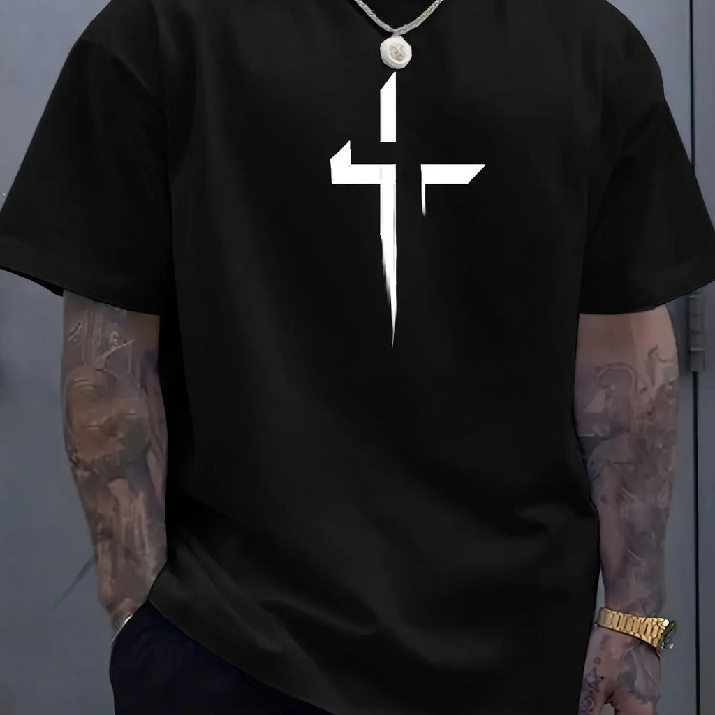 Verão masculino 100% algodão puro casual solto plus size cruz criativo impresso esportes confortável em torno do pescoço manga curta camiseta