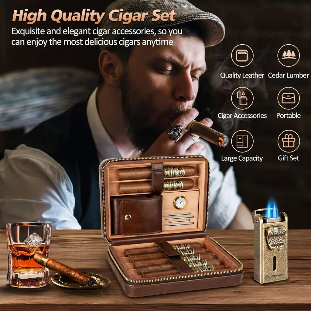 Humidor de charutos de couro com isqueiro, cortador de charutos reto embutido e perfurador de charutos, umidificador e bandeja de cedro