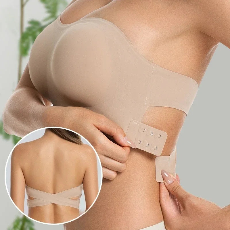 Sexy sem alças push up sutiã removível acolchoado sem costura gelo seda topo feminino beleza invisível volta anti-deslizamento fora do ombro sutiã