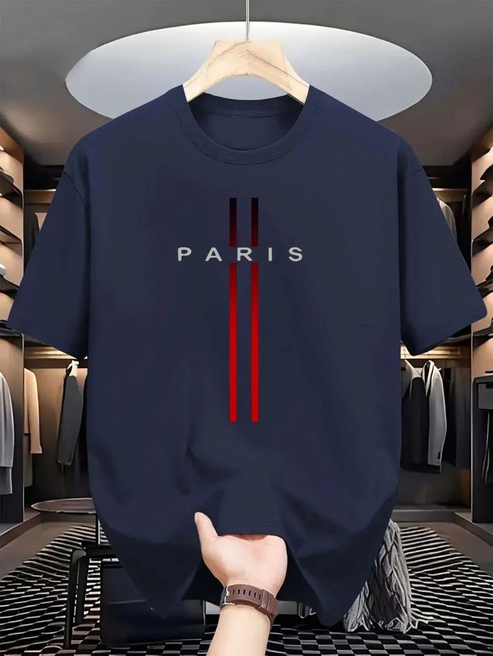 Novo tecido de poliéster masculino confortável e respirável em torno do pescoço camiseta paris carta impressa padrão ao ar livre casual topo