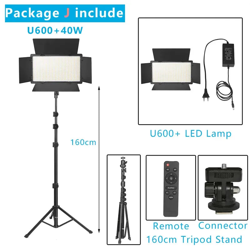 Dimmable Nagnahz U600+ bi-color LED video light with barn doors, black 160cm tripod stand, and remote.