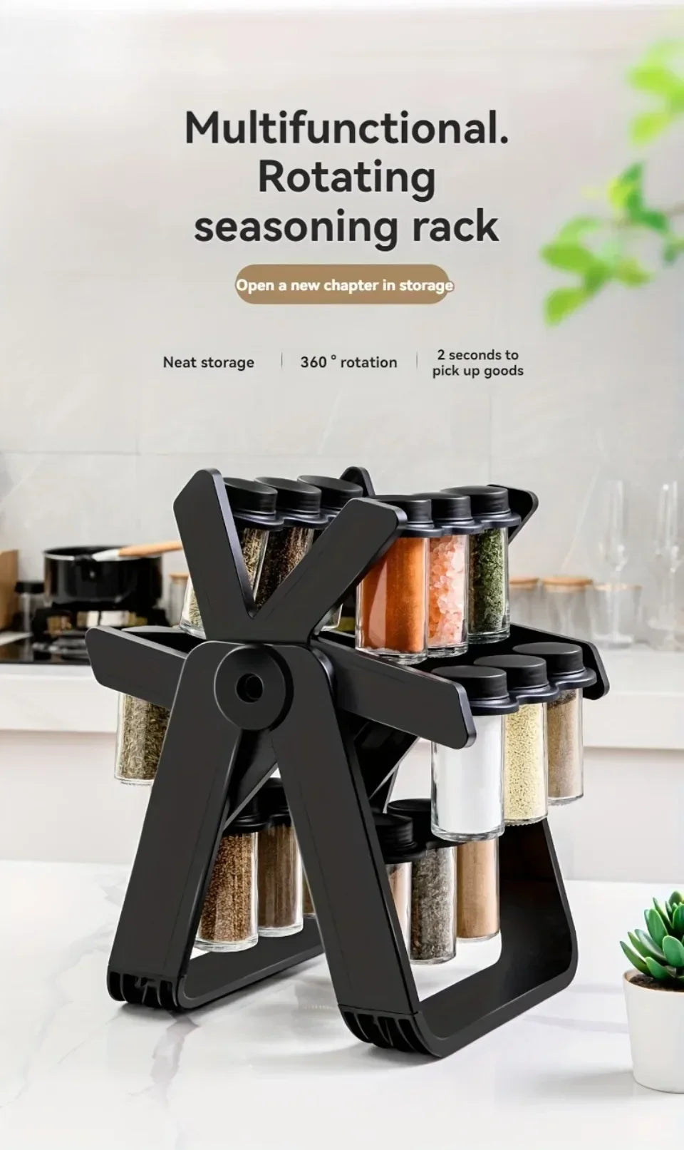 Rack de armazenamento rotativo doméstico, conjunto de rack de especiarias de vidro rotativo, rack de armazenamento de cozinha, rack de armazenamento de temperos