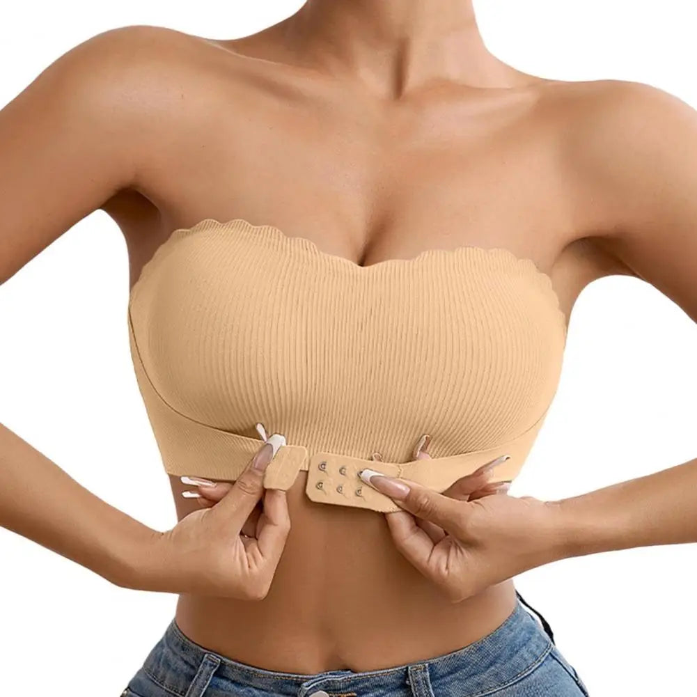 Sutiã feminino sem alças com fechamento frontal conforto sem fio bandeau antiderrapante borda ondulada acolchoada top bralette