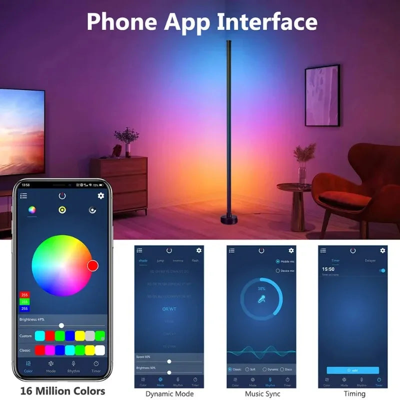 Luminária de Piso LED Inteligente RGB com Controle Remoto e APP, Sincronização Musical, Iluminação de Canto, Temporizador, Luminária Moderna para Sala de Estar e Jogos