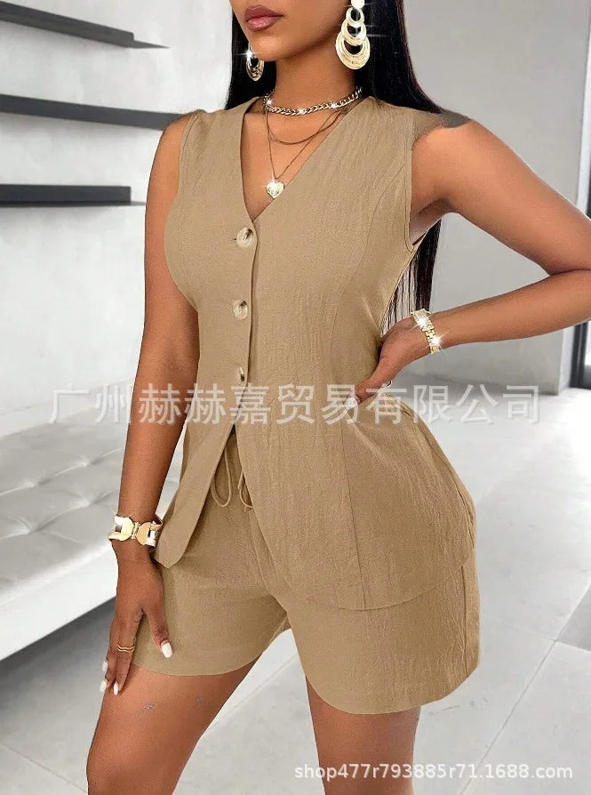 2025 verão algodão linho shorts define feminino 2 peças elegante cor sólida com decote em v magro topos senhora do escritório chique rendas shorts ternos