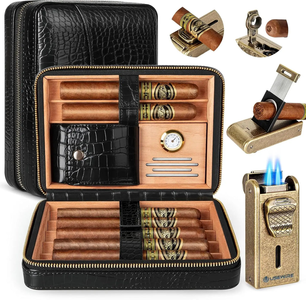 Humidor de charutos de couro com isqueiro, cortador de charutos reto embutido e perfurador de charutos, umidificador e bandeja de cedro