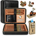 Humidor de charutos de couro com isqueiro, cortador de charutos reto embutido e perfurador de charutos, umidificador e bandeja de cedro