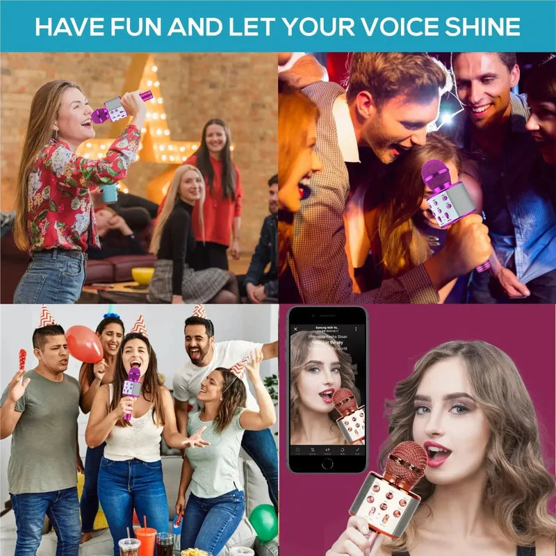 Friends singing with purple and rose gold wireless karaoke microphones, showcasing multi-function controls and portable speaker design.