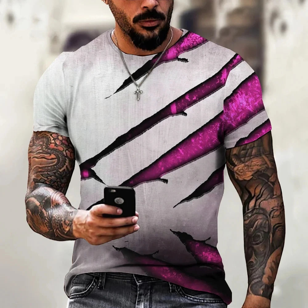 Camiseta masculina na moda novo design preto e branco cor arte 3d impresso oversized em torno do pescoço topos solto casual estilo simples t camisa