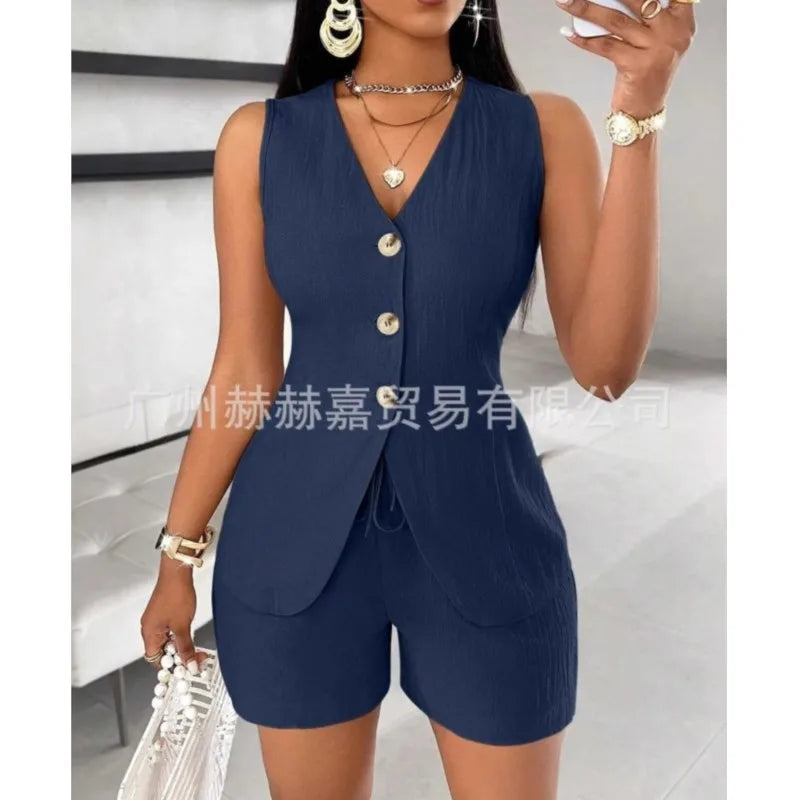 2025 verão algodão linho shorts define feminino 2 peças elegante cor sólida com decote em v magro topos senhora do escritório chique rendas shorts ternos