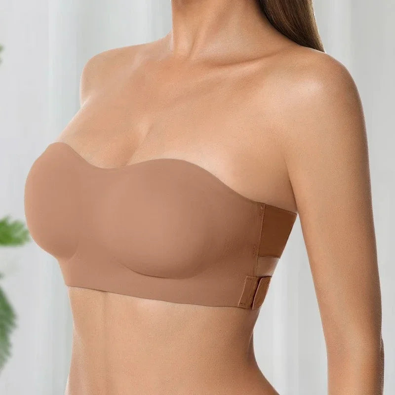 Sexy sem alças push up sutiã removível acolchoado sem costura gelo seda topo feminino beleza invisível volta anti-deslizamento fora do ombro sutiã
