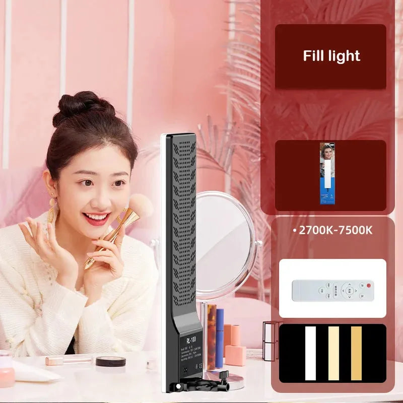 Dimmable bi-color (2700K-7500K) rectangular LED video light, black and white, illuminating a woman.