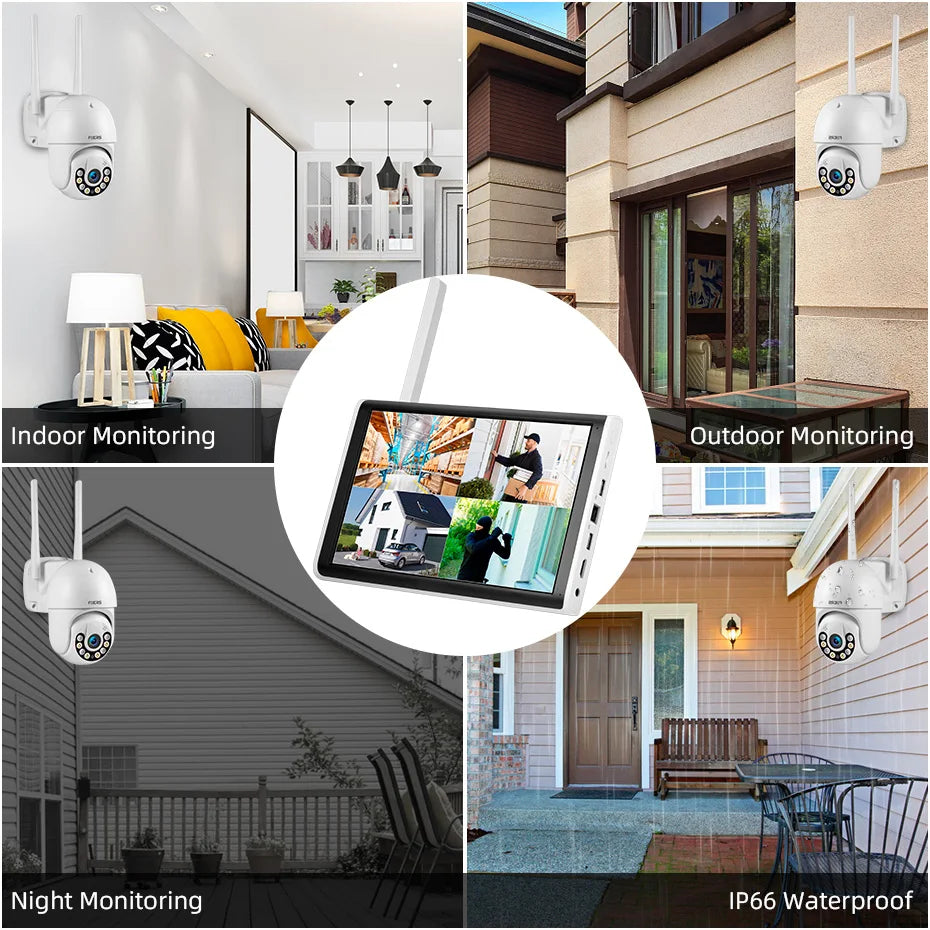 Fuers h.265 tela lcd de 10.1 polegadas 8ch sem fio nvr segurança diy câmera ao ar livre sistema wi fi vigilância cctv gravador de áudio e vídeo