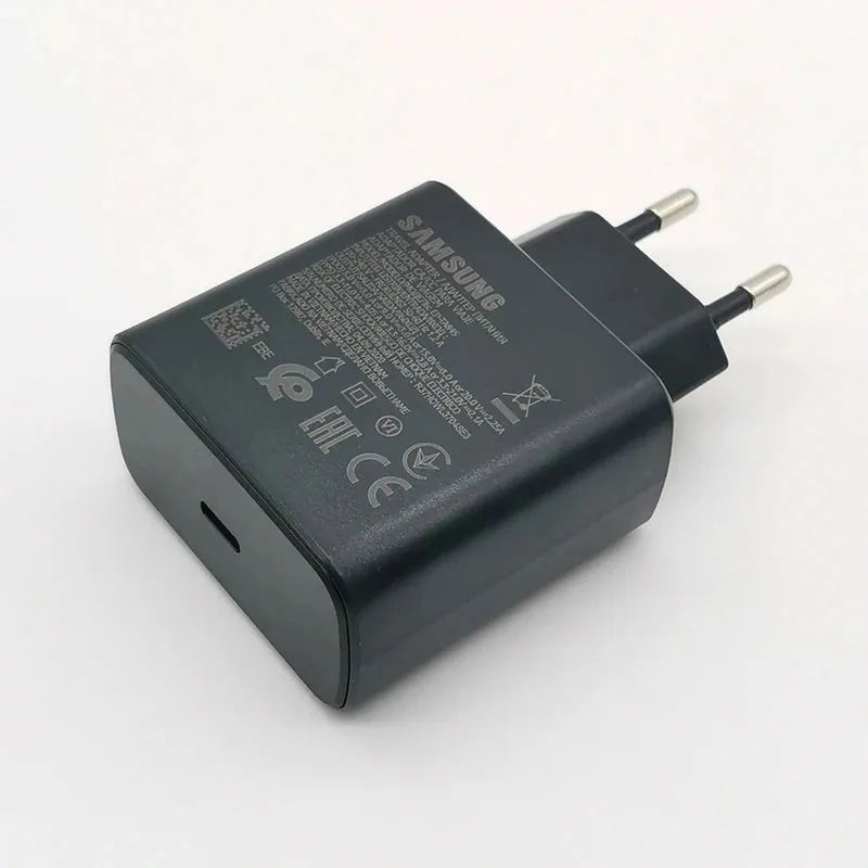 Matte black Samsung 45W Super Fast Charger EU adapter with a USB-C port for Galaxy devices.
