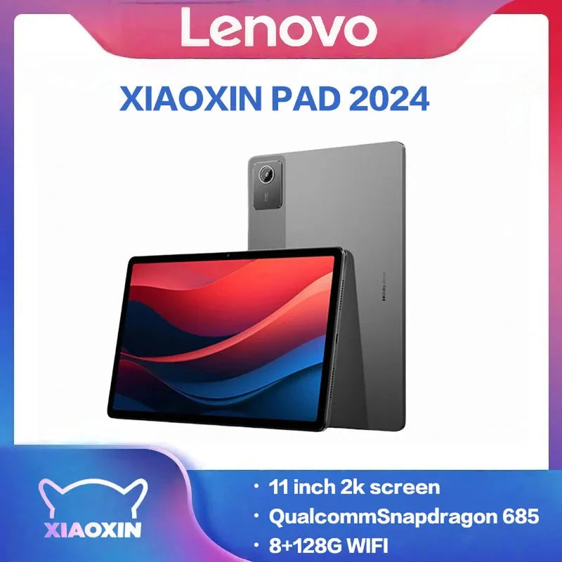 Gray Lenovo Xiaoxin Pad 2024 tablet, 11-inch screen, front view with vibrant display and back showing camera module.