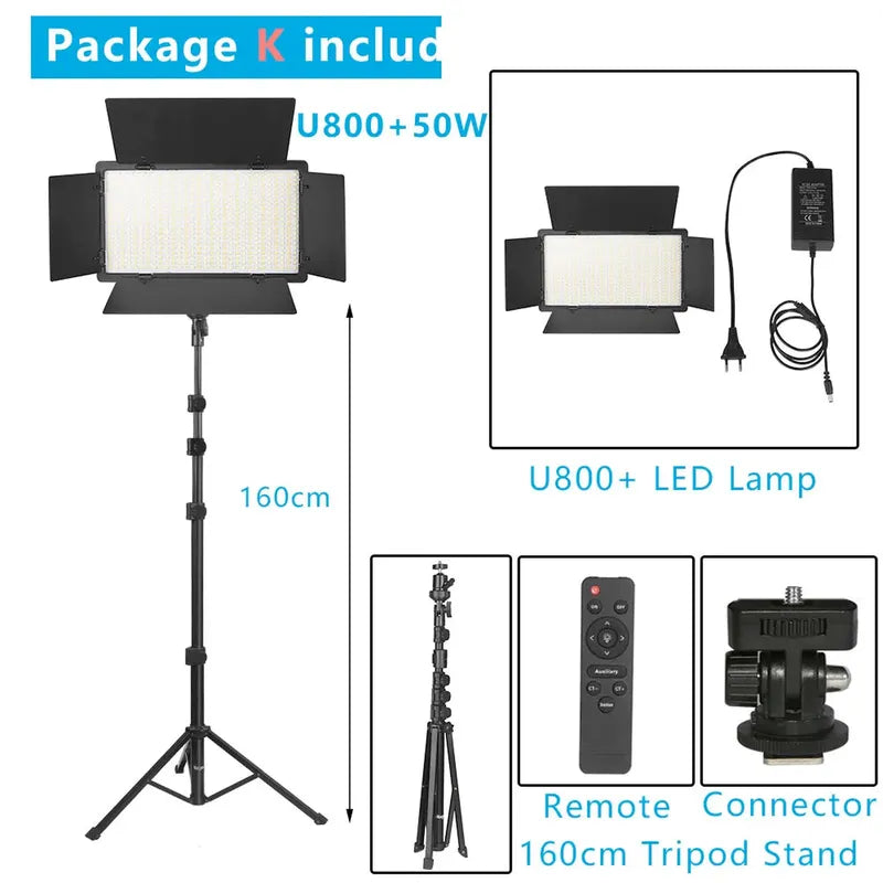 Nagnahz U800+ bi-color LED video light kit with black barn doors, 160cm tripod stand, remote, and power supply.