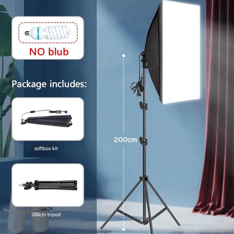 Professional black photography softbox with white diffuser on a 200cm black tripod stand.