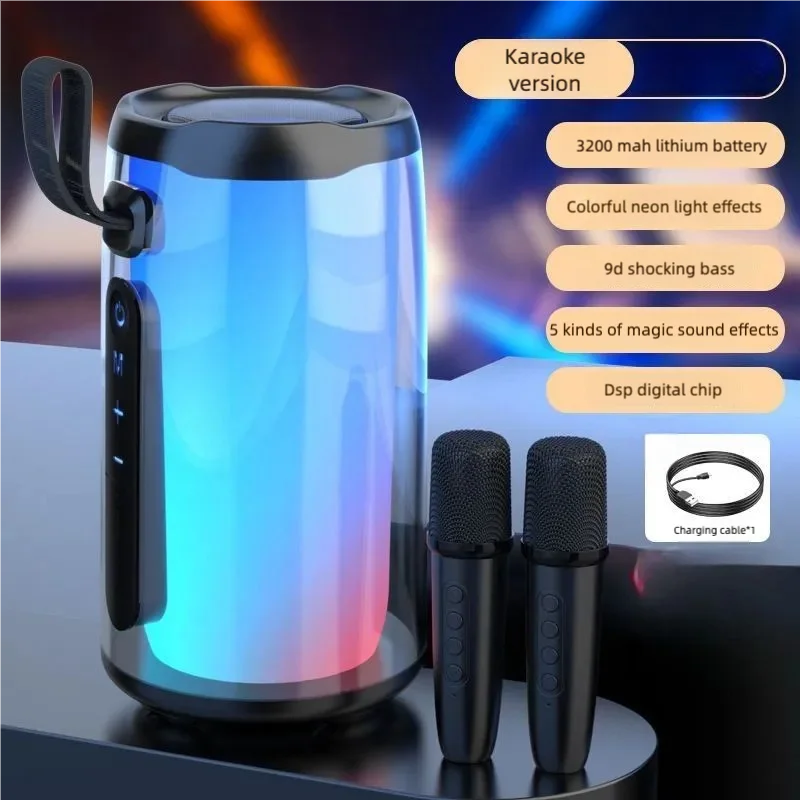 Máquina de karaokê portátil, alto-falante Bluetooth para festa com 2 microfones de karaokê, modos de luz RGB, 5 efeitos vocais, USB/AUX/TF