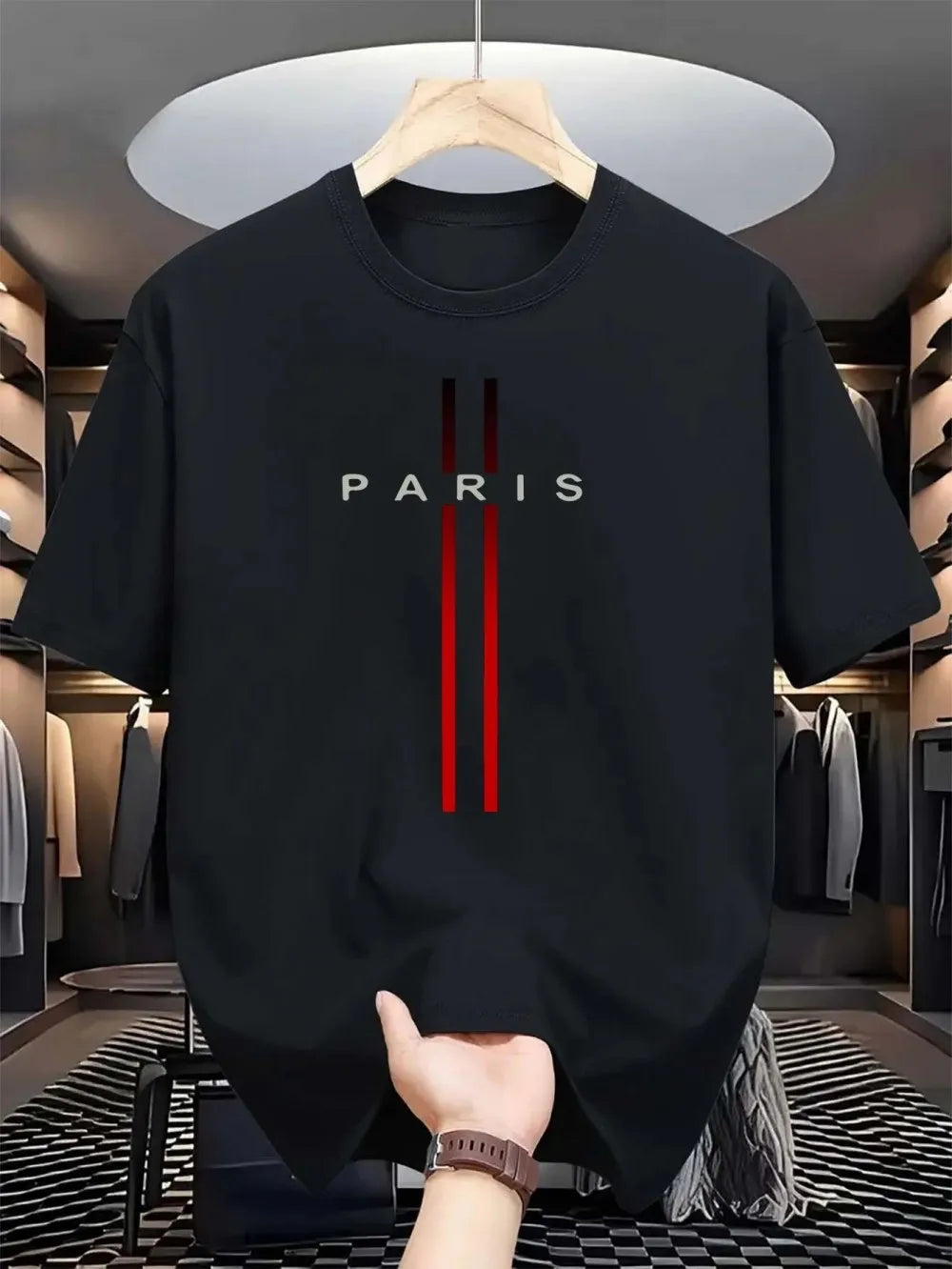 Novo tecido de poliéster masculino confortável e respirável em torno do pescoço camiseta paris carta impressa padrão ao ar livre casual topo