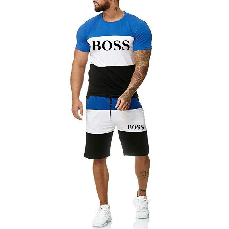 Um novo design de verão masculino em torno do pescoço shorts de manga curta e conjunto casual de roupas esportivas de fitness ao ar livre