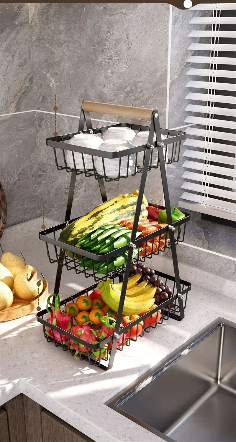 2025 novo portátil ferro cozinha rack de armazenamento multifuncional cesta de frutas multi-camada lanche prateleira de armazenamento