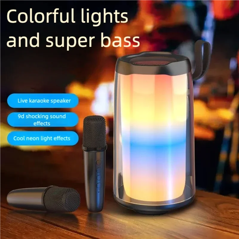 Máquina de karaokê portátil, alto-falante Bluetooth para festa com 2 microfones de karaokê, modos de luz RGB, 5 efeitos vocais, USB/AUX/TF