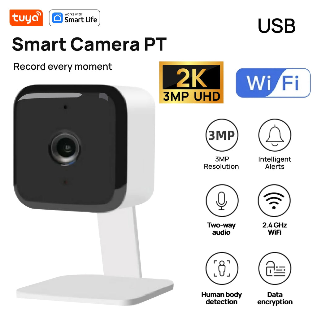 Tuya Smart 1080p Wi-Fi Câmera de segurança doméstica inteligente 2MP, HD, alertas de aplicativo em tempo real, áudio bidirecional, com rastreamento de movimento para bebês e animais de estimação