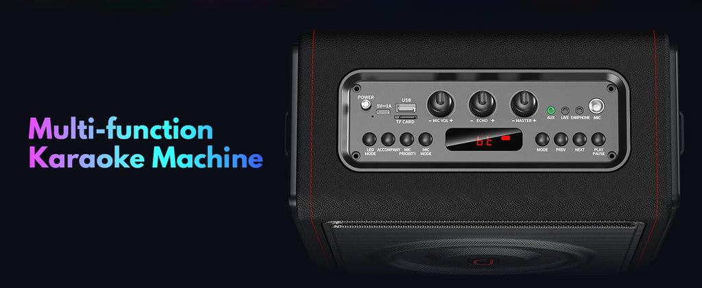 Máquina de karaokê portátil, alto-falante Bluetooth com microfones, sistema PA com 2 microfones de karaokê, luzes de discoteca para festas em casa