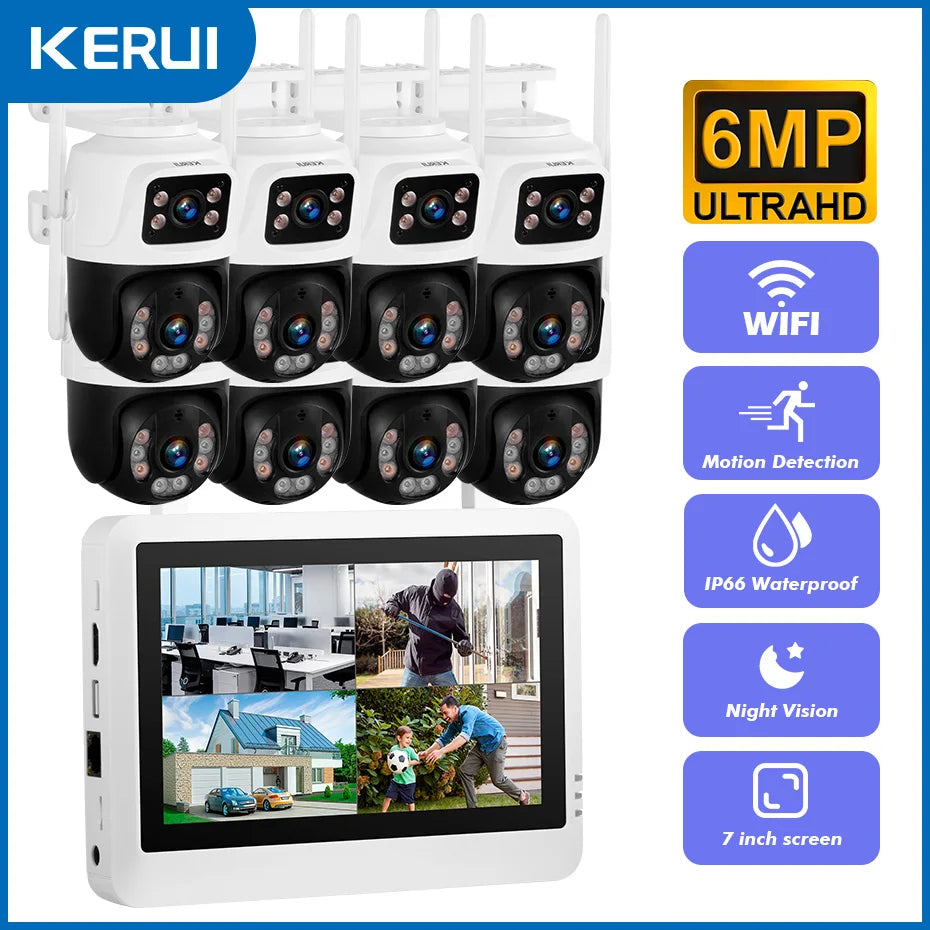 Kerui sem fio 6mp lente dupla wifi câmera ip 8ch nvr tela lcd de 7 polegadas gravador de vídeo sistema de câmera de segurança em casa vigilância