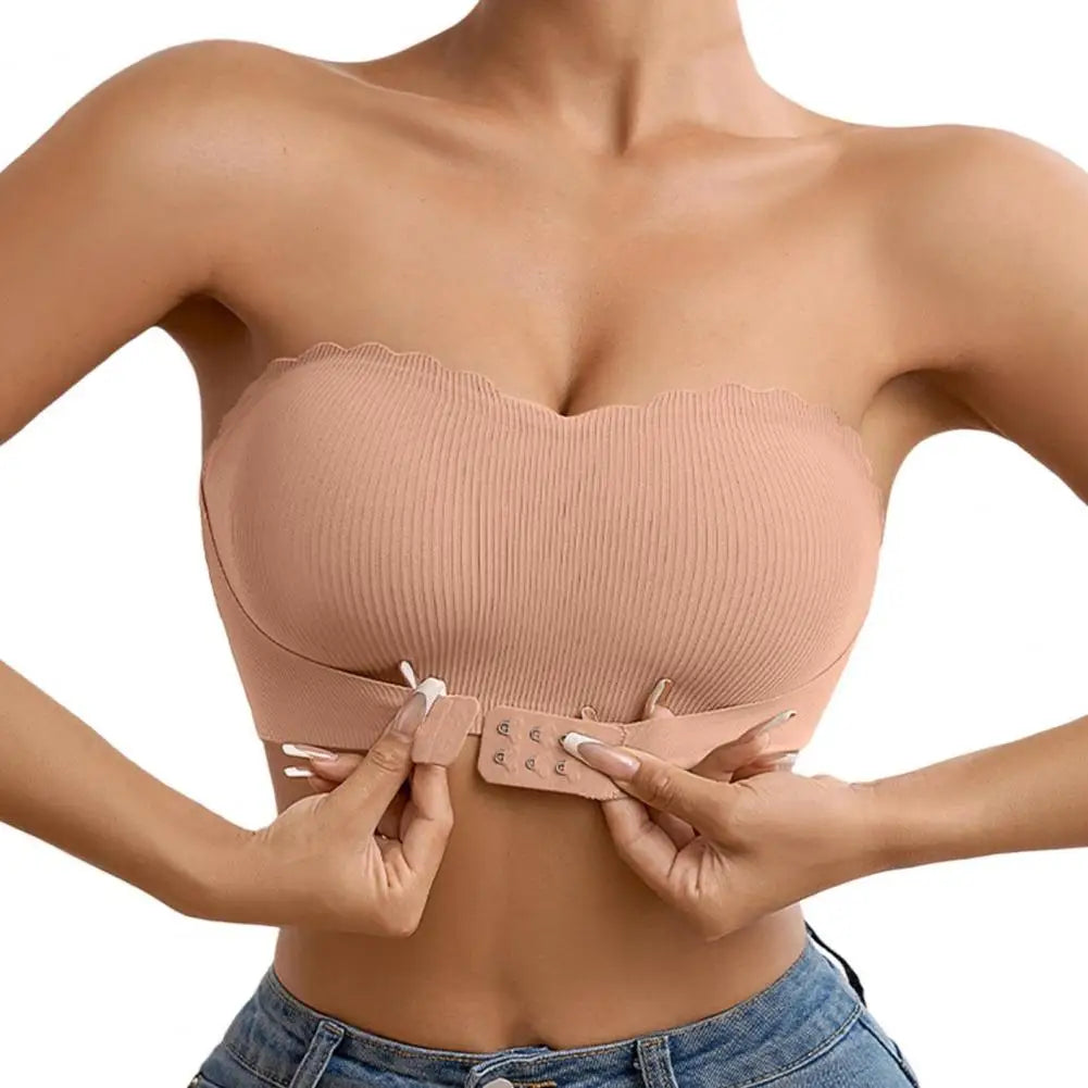 Sutiã feminino sem alças com fechamento frontal conforto sem fio bandeau antiderrapante borda ondulada acolchoada top bralette
