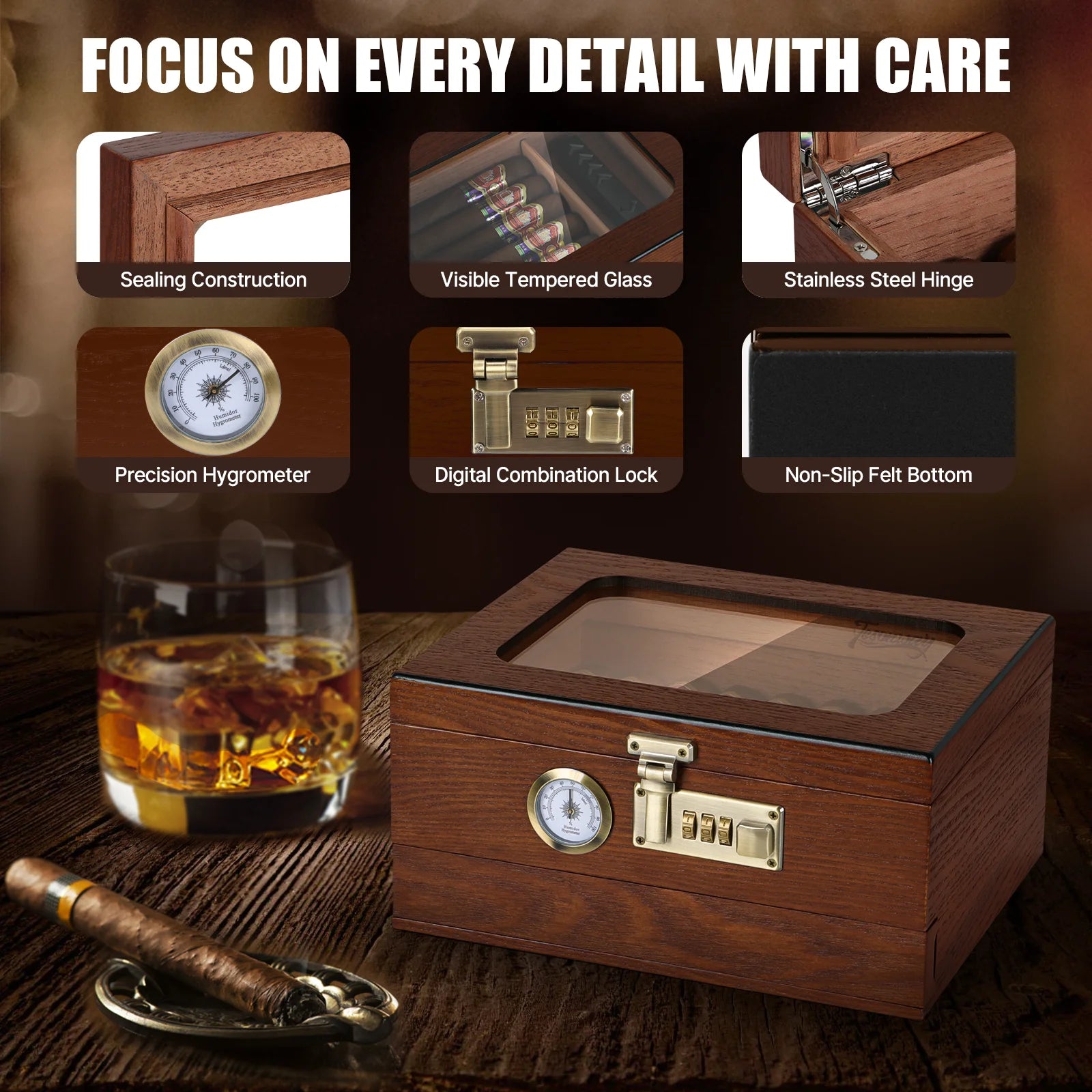Umidificador de charutos, madeira de cedro, caixa de charutos, vidro, umidificador de mesa com higrômetro frontal, umidificador, divisor, acessórios, gaveta