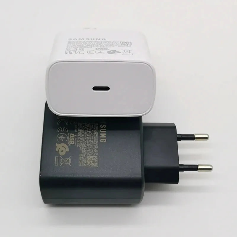 Two Samsung 45W Super Fast Charge USB-C wall adapters, one white and one black, with EU plug.