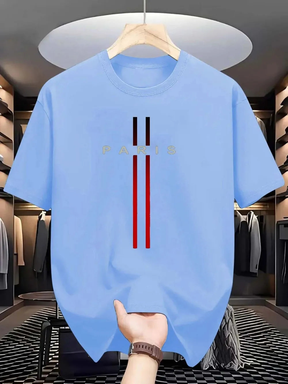 Novo tecido de poliéster masculino confortável e respirável em torno do pescoço camiseta paris carta impressa padrão ao ar livre casual topo