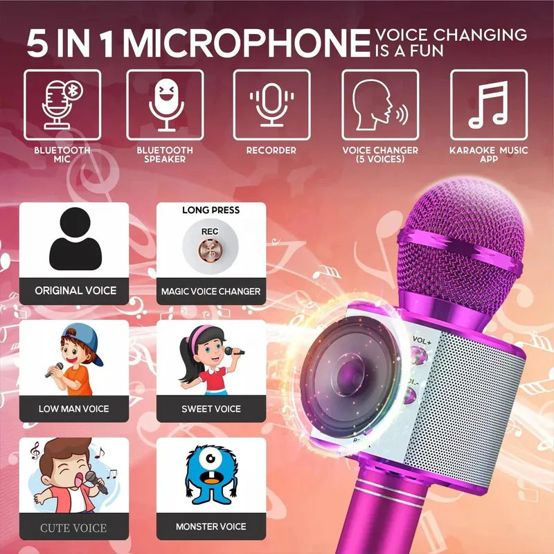 Purple wireless karaoke microphone with built-in Bluetooth speaker, voice changer, and recorder.