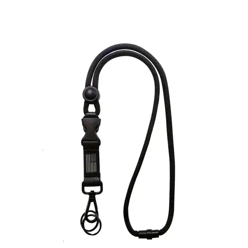 Black heavy-duty polyester neck lanyard with quick-release breakaway buckle, metal clip, and US flag.