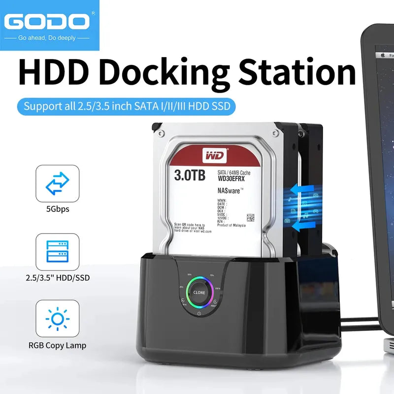 GODO Dual Bay USB 3.0 Hard Drive Docking Station for SATA 2.5 / 3.5 Inch HDDs/SSDs with LED Indicator - Hard Drive Dock