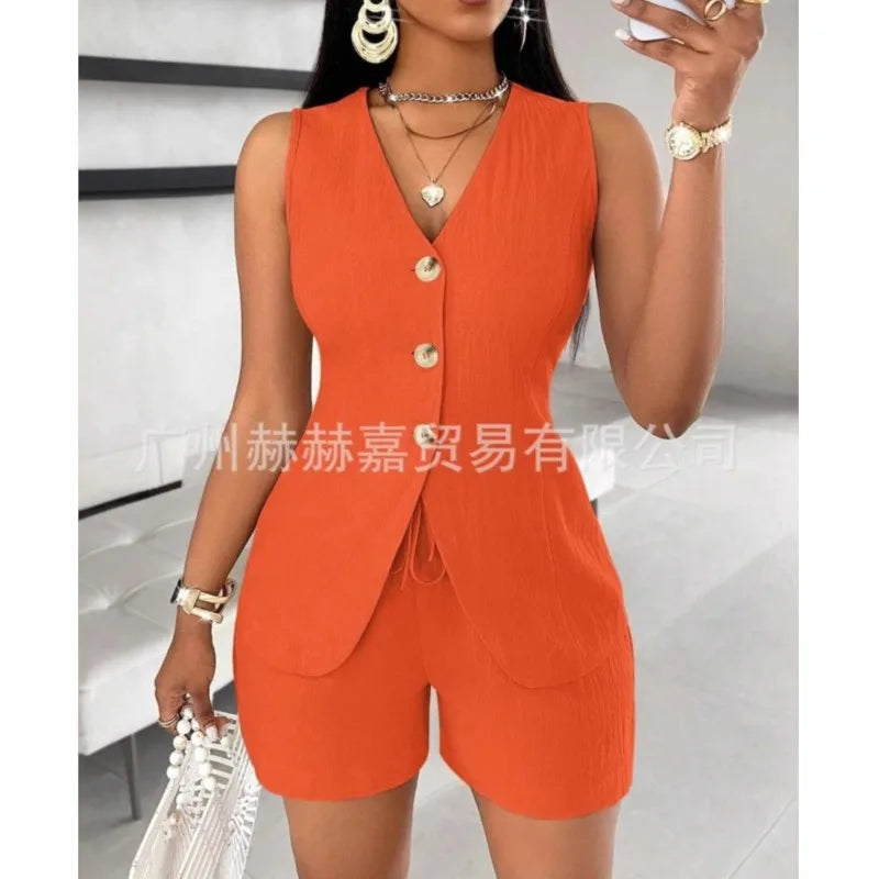 2025 verão algodão linho shorts define feminino 2 peças elegante cor sólida com decote em v magro topos senhora do escritório chique rendas shorts ternos