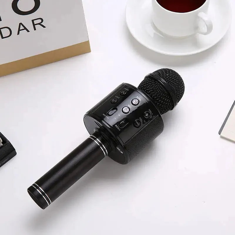 Portable black wireless karaoke microphone and Bluetooth speaker with multi-function controls.
