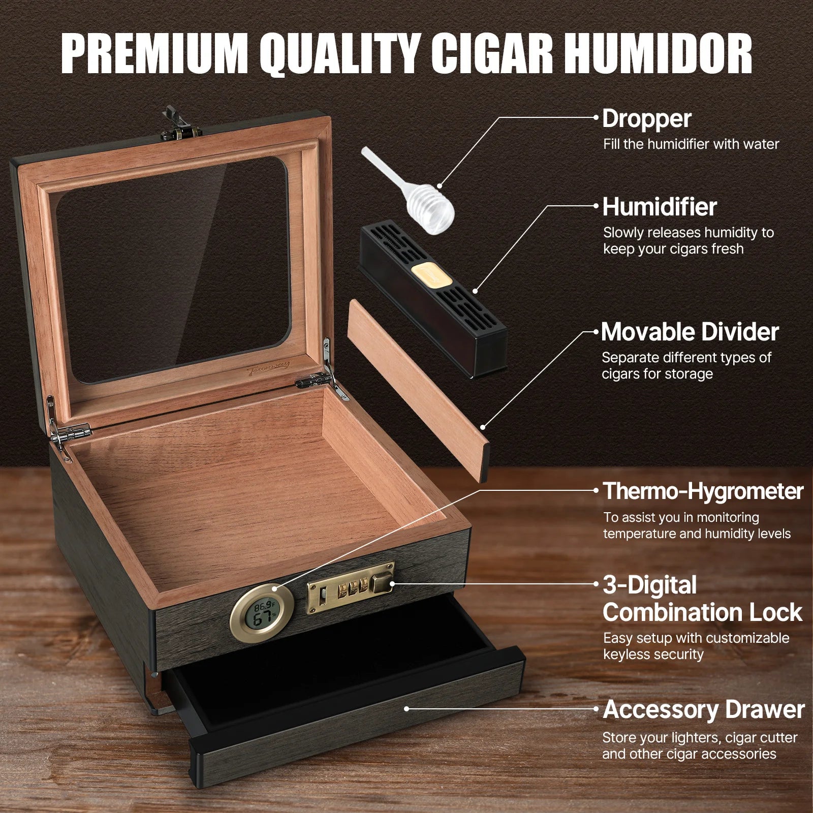 Humidor de charutos, caixa de mesa superior de vidro com termo-higrômetro digital, umidificador, divisor, gaveta de acessórios e fechadura de combinação