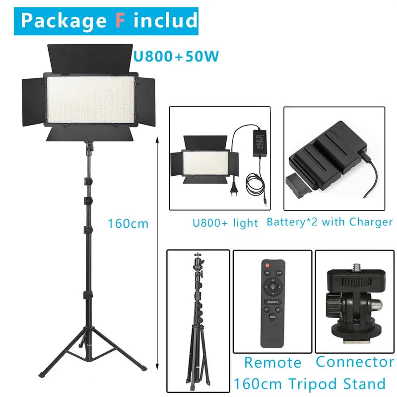 Black Nagnahz U800+ bi-color LED video light with barn doors on a 160cm tripod stand, remote, batteries, charger.